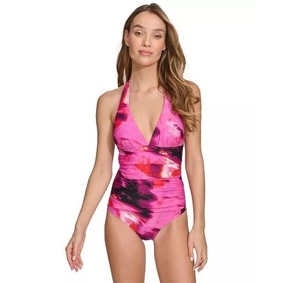 DKNY Abstract Mirage Ruched Tie-Back Halter One-Piece Women's Medium NWT - Picture 1 of 13
